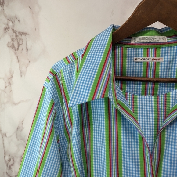 Foxcroft Shirt Womens 22W Blue Gingham Button Up Wrinkle Free Non Iron Pocket - Picture 2 of 8